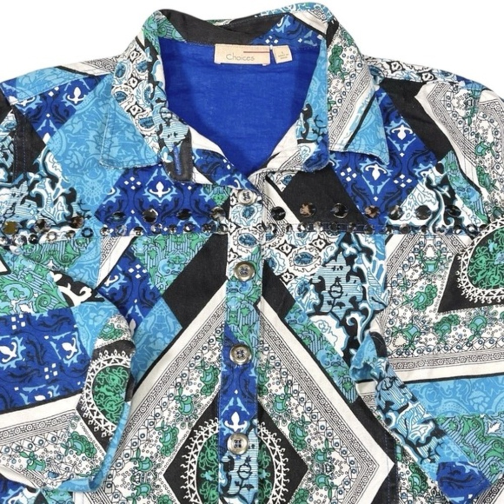 Choices‎ L Blue Patchwork Button Front Jacket Sequin Embellished Boho Eclectic - Picture 8 of 8